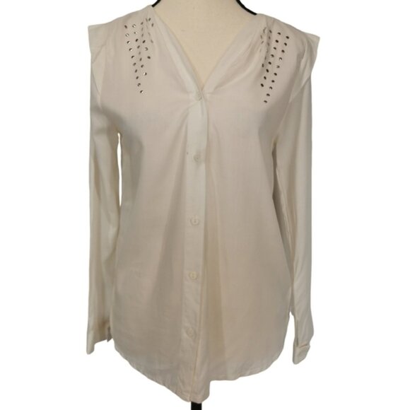 NWT Hobbs London Silk V-Neck Long Sleeve Ivory Button Blouse - Sz 6 - Picture 1 of 12